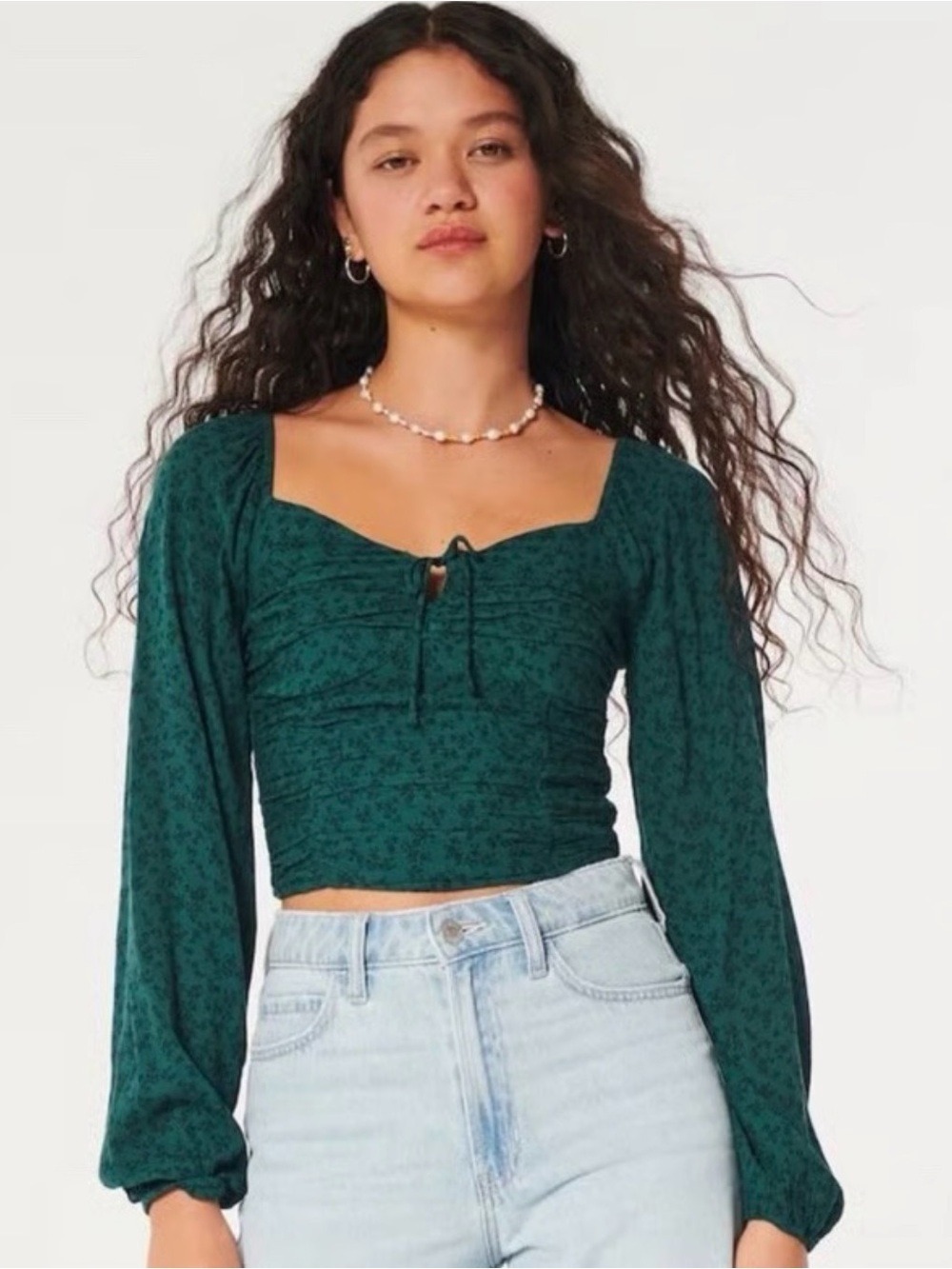 Hollister Teal Green Long-Sleeve Square-Neck Crop Top